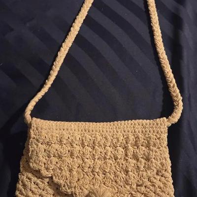 Vintage Hand-Crocheted Beige Envelope Purse with Braided Strap & Button Closure