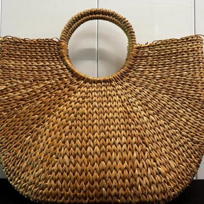 Martha Stewart Woven Straw Tote Bag – Natural Fiber Rush & Rattan, Cotton Lined, Round Handle