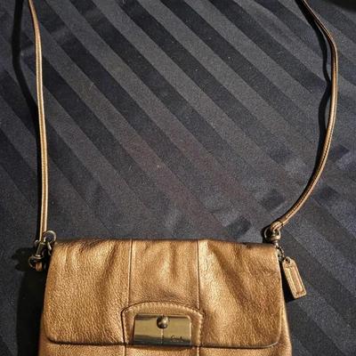 Coach Metallic Bronze Leather Crossbody Clutch, Adjustable Strap