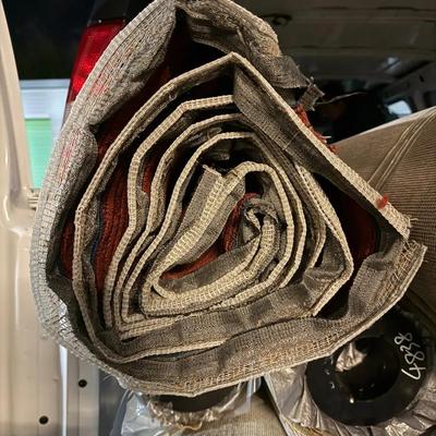 12’ Rolled Carpet Remnant – Rust Red with Gold & Black Stripe Pattern