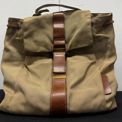 Canvas & Leather Backpack / Rucksack – Khaki Canvas, Brown Leather Trim, Drawstring & Flap