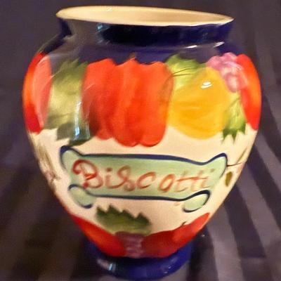 Vintage Hand-Painted Italian Ceramic Biscotti Jar – Colorful Fruit Design