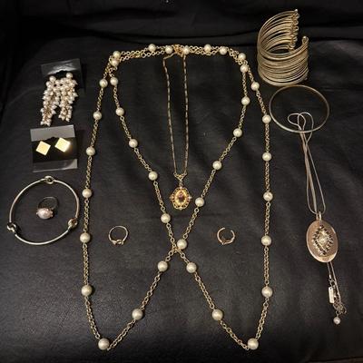 Vintage Gold-Tone & Faux Pearl Jewelry Lot with Cameo Pendant, Necklaces, Rings & Bracelets