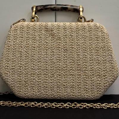 La Regale Woven Evening Handbag – Tortoiseshell Handle, Gold Chain Strap, Vintage Style
