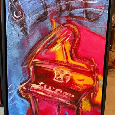 Framed abstract acrylic painting on canvas depicting a grand piano with musical notes, signed 