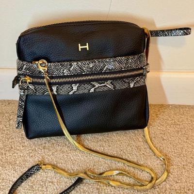 Halston black leather crossbody bag with a snakeskin-print trim 