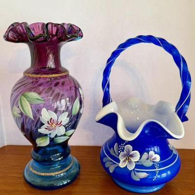 Bill Fenton 50th Anniversary Mulberry Vase and 95th Anniversary Glass Legacy Cobalt Blue Basket 