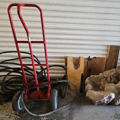 Hand Truck, Decorative Waterfall Fountain, Water Hoses & Wood Pieces