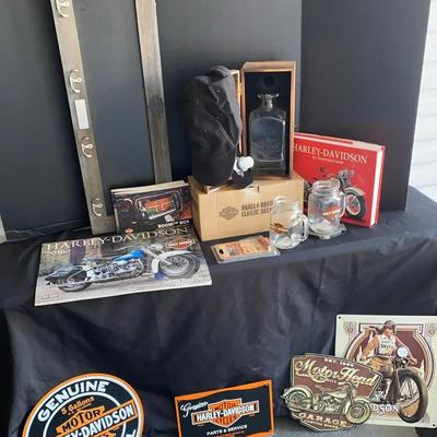 Harley-Davidson Collectibles Featuring Classic Glass Decanter and Signs