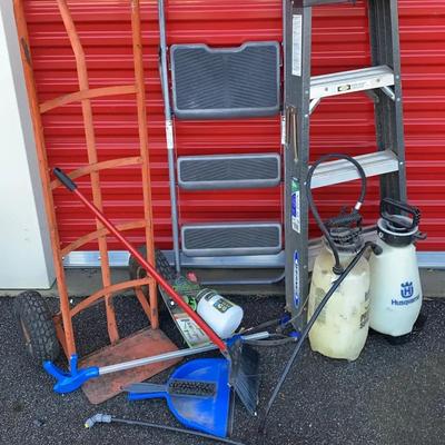 Werner Aluminum Ladders and Metal Dolly, featuring Husqvarna and RoundUp Sprayers