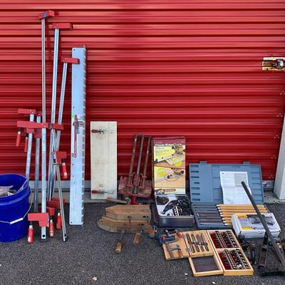 Bessey Bar Clamp Set with Rack, featuring Stanley Bench Plane and Workshop Accessories