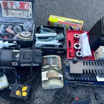 Mixed Workshop Tools Including Superwinch, Grinder, Sander & Accessories