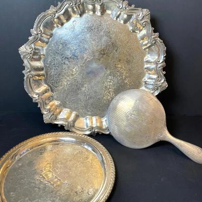 Antique Sterling Silver Handled Mirror with Vanity Plates 