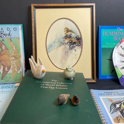 Bird Books, Bird Figurines, and Framed Bird Print