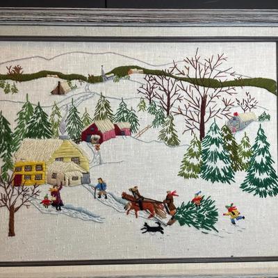 Crewel Embroidered Tree Scene