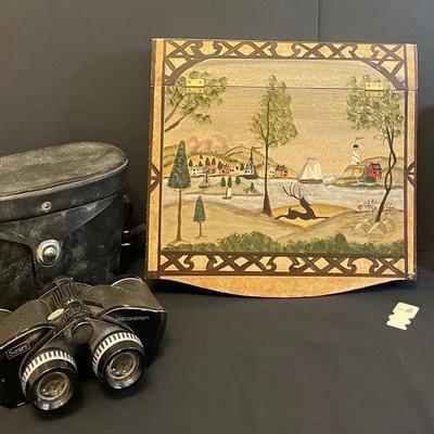 Vintage Thimbles, Binoculars, and Hand Painted Wooden Box