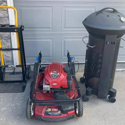 Toro Gas Powered Lawn Mower, Element Smoker, and Dolly