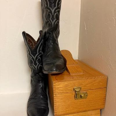 "Tony Lama" Black Boots and Shoe Shine Kit