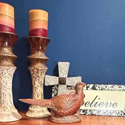 Pheasant, Candles, and Cross Mantle Decor