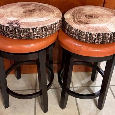 Pair of Swivel Bar Stools with Tree Trunk Cushions