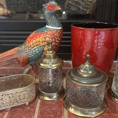 Antique Style Brass Glass Apothecary Jar Set with Pheasant Decor