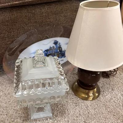 Vintage Lamp, Glass Candy Dish and Train Platter