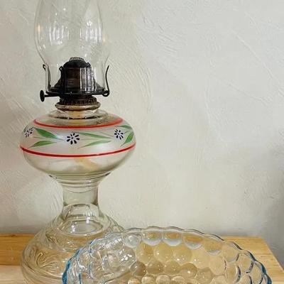 Vintage Glass Oil Lamp and Bowl