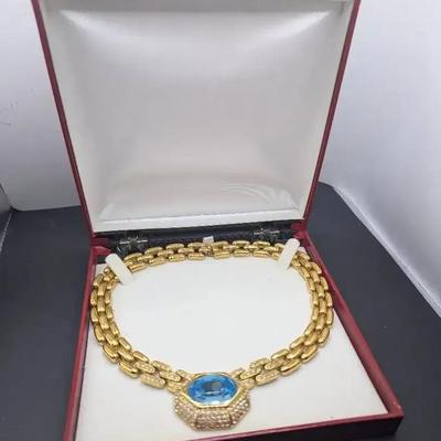 Vintage Rare Signed Ciner Aqua Blue Faceted Glass & Rhinestone Collar Necklace With Box