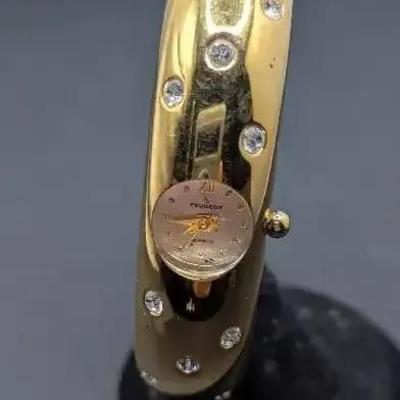 Peogeot Quartz White Face Goldtone Numerals Watch 