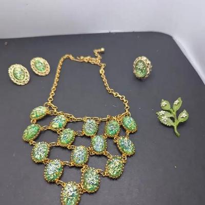 Gold Tone Statement  Set With Green  Confetti Stones and More