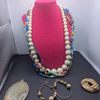 Green Agate Or Green Onyx Pendant, Trifari Brooch Plus