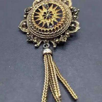 Denise Moroccan Style Black and Goldtone Pin/Pendant with Tassel