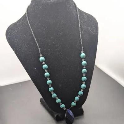 Beaded Necklace With The Druzy Pendant, Spider Web Turquoise Of Native American Jewelry