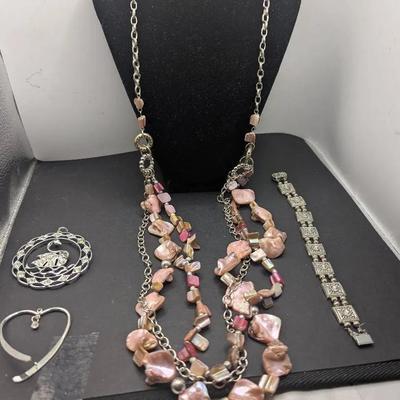 Faux Shell Necklace, Swan Pendant, Heart Pendant And A Bracelet Each Stone With CDs