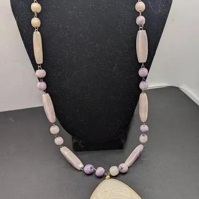 Mexican Aztec Or Mayan Calendar Pendant And Purple Beads