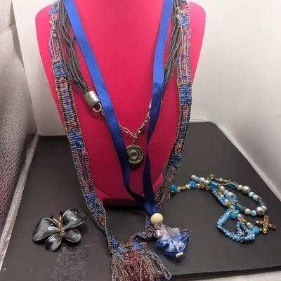 Cord Necklace, Blue Glass Necklace, Black Butterfly Etc.