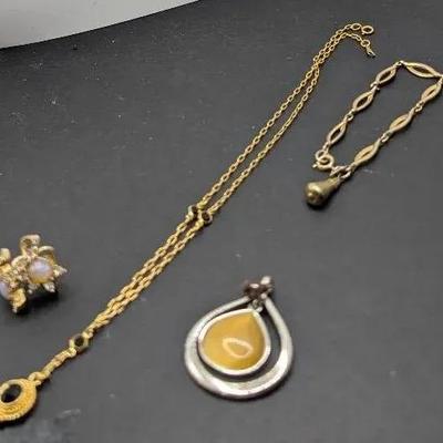 Caramel Yell Tear Drop Shaped Pendant, Sarah Coventry Gold Tone . Linked Bracelet Etc.