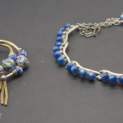 Vintage Murano Glass Bracelet & Silver Tone And Blue Bead Necklace 