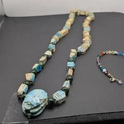 Beaded  Necklace,&Glass Charm Bracelet 
