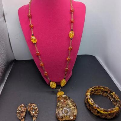 Art Nouveau Necklace, Natural Baltic Bracelet, LaRoco Clip Earrings 