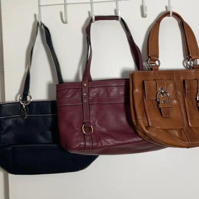 Coach Handbag, Maroon And Blue Leather Purses