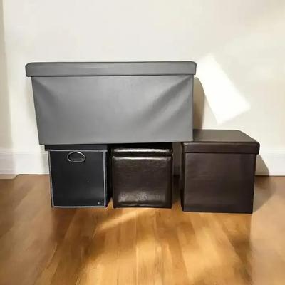 Set of 4 Versatile Storage Ottomans & Bins – Faux Leather