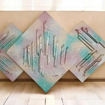 Large Wall Art, Abstract Mixed-Media Relief Triptych in Pastels