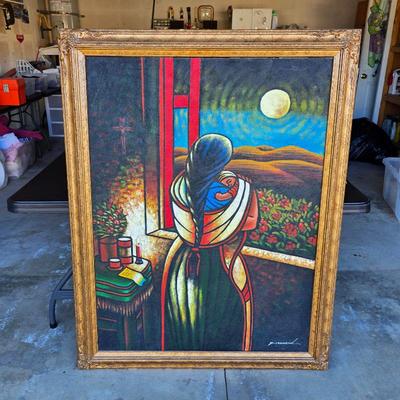 Sale Photo Thumbnail #88: Vintage Mexican oil painting in gorgeous detailed wood frame by P. Steward
