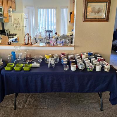 Sale Photo Thumbnail #3: Pyrex glass bowls, coffee mugs, candle stick holders