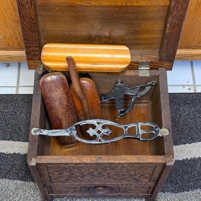 Sale Photo Thumbnail #70: Gorgeous antique tiger oak shoe shine box with brushes and accessories