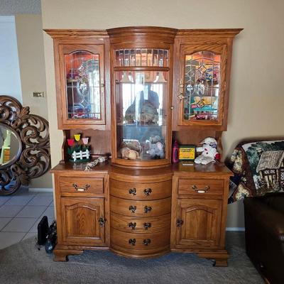 Sale Photo Thumbnail #11: Gorgeous vintage oak hutch china cabinet with curved center section