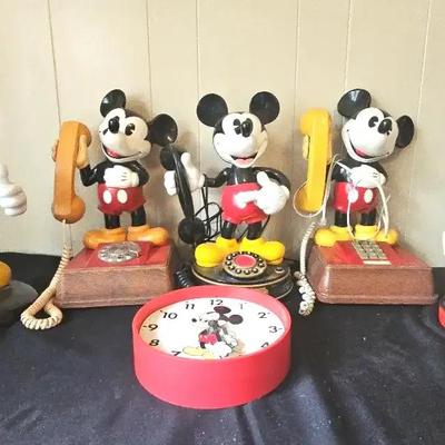 Vintage Mickey Phones ,Clock And Figures 