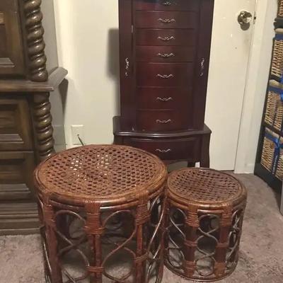 Jewelry Chest And Two Wicker Stools