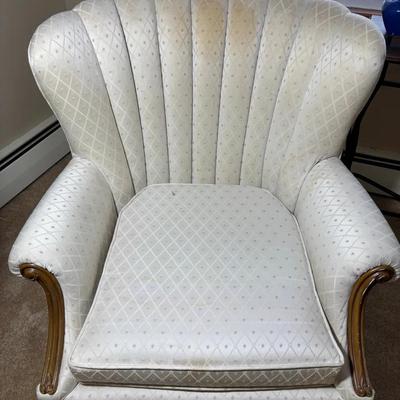 Scalloped Upholstered Wingback Accent Chair with Carved Wood Frame